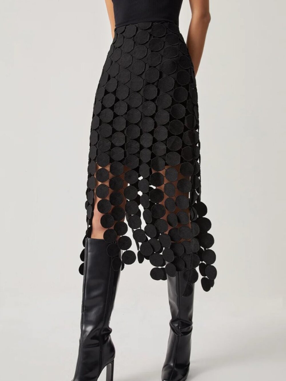 Commense Laser Cut Multi Circle Double Layered Midi Skirt Black Large